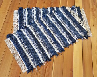 Hand Woven Rag Rug Set: Navy Blue & Oatmeal Textured Rugs