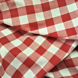 May include: Red and white checkered fabric with a gingham pattern. The fabric is folded and wrinkled, showing the texture of the material.