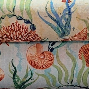 May include: Sea-themed fabric with a repeating pattern of coral, seaweed, seashells, and starfish. The fabric is a light beige color with shades of blue, green, red, and brown.