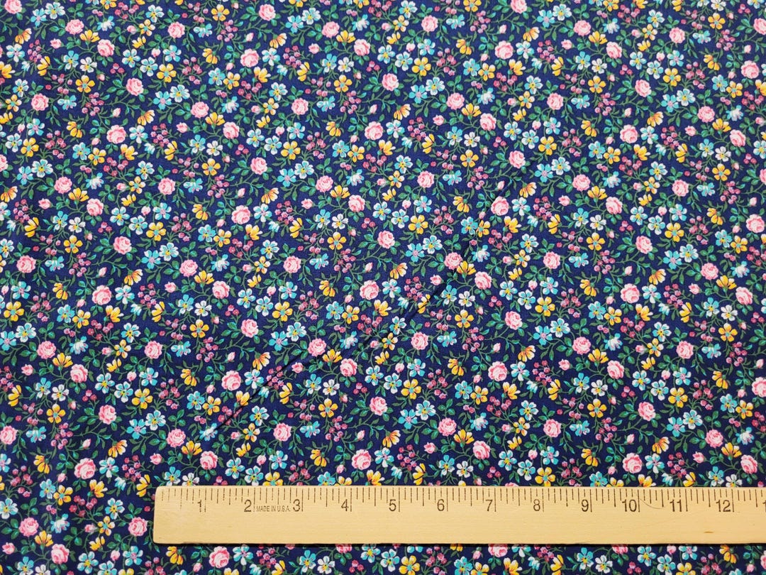 Lily Garden Floral on Navy Blue Print 100% Cotton Fabric - 1 7/8 Yard ...