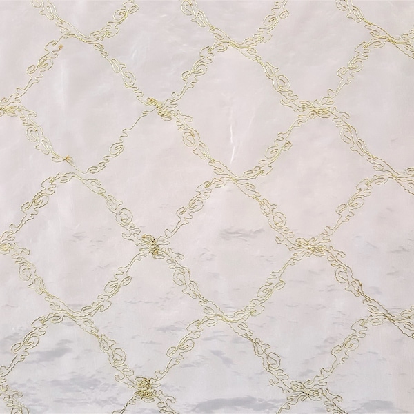 White Taffeta Fabric With Metallic Gold Stitching - By The Yard