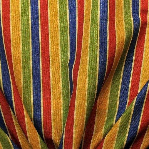 Discount Fabric DRAPERY Blue, Red, Yellow Gold & Green Primary Stripe - By The Yard