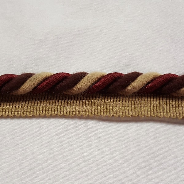 1/2" Burgundy, Sienna Brown & Tan Decorative Cord With Lip