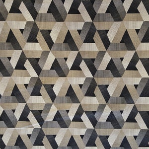 May include: A geometric pattern fabric with a repeating design of interlocking triangles in shades of beige, brown, and black.