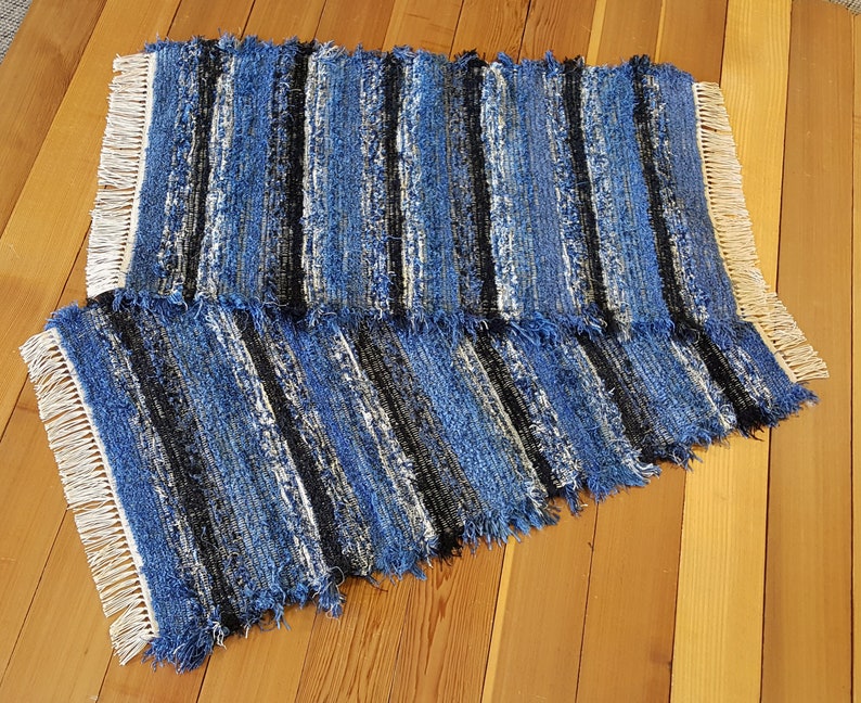 Light Blue Rag Rug Hand Woven Royal Blue & Black Rag Rug Set: 24