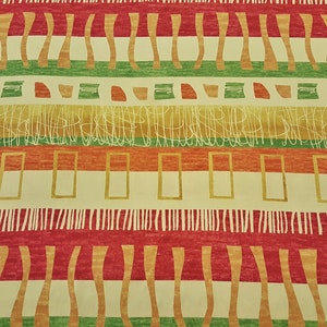 May include: Abstract patterned fabric with stripes of red, orange, yellow, green, and white. The pattern includes wavy lines, squares, and rectangles.