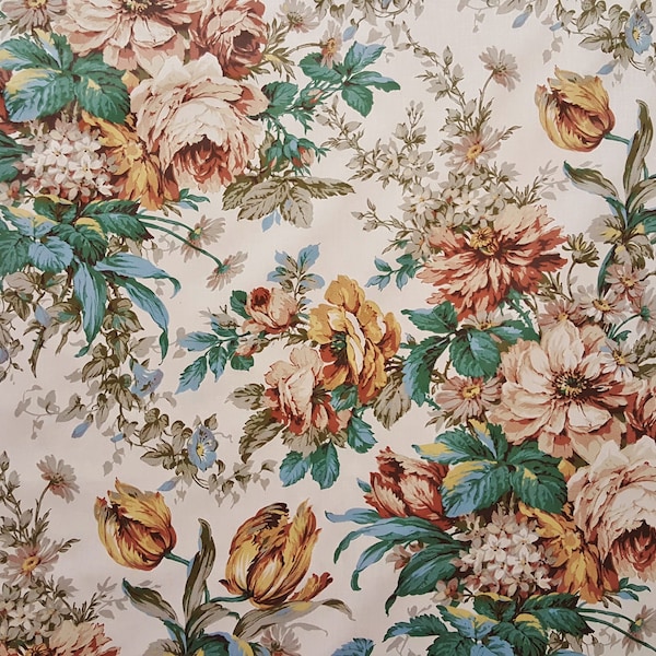 Discount Fabric DRAPERY Blue, Gold, Olive Green, Terra Cotta, Gray, Blue Green & Winter White Floral  - By The Yard