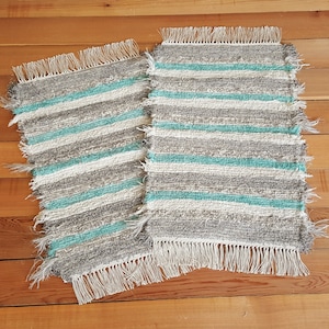 20" x 29" and 20" x 31" Gray, Oatmeal & Mint - Set of 2 - U. S. Hand Woven Textured Small Area Rag Rugs