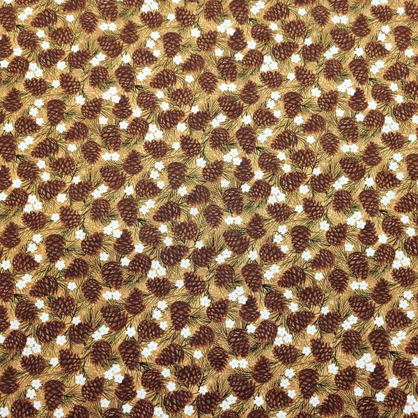 Pine Cones Gold Print 100% Cotton Fabric - By The Yard
