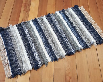 Kitchen, Bathroom, Bedroom or Door Entry Hand Woven Rug - 28" x 49" Navy, Gray & White