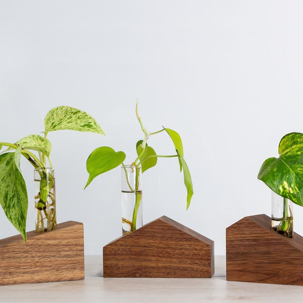 Solid Walnut Propagation Station Houses | Wooden Plant Decor | Plant Lover Gift | Indoor Plants Tube Vase | Plant Holder