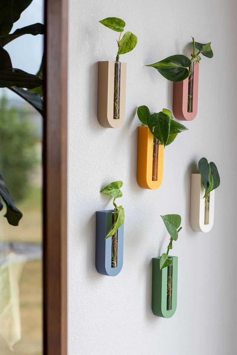 Puede incluir: Seis macetas de pared de colores con tubos de vidrio transparentes para contener plantas peque&ntilde;as. Las macetas son en tonos beige, rosa, amarillo, azul y verde.