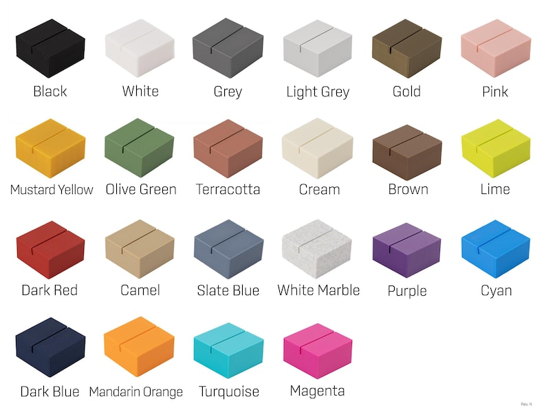 Puede incluir: Una colecci&oacute;n de peque&ntilde;os portan&uacute;meros de mesa cuadrados en varios colores, incluyendo negro, blanco, gris, dorado y rosa. Cada soporte tiene una ranura para insertar una tarjeta. El texto debajo indica el color de cada soporte.