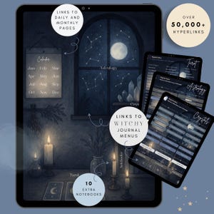 Interactive midnight witch home screen displayed on a tablet, showing clickable areas linking to daily pages, monthly calendar, tarot journal, astrology journal, crystal journal, and notebooks within a cozy night-themed desk scene.