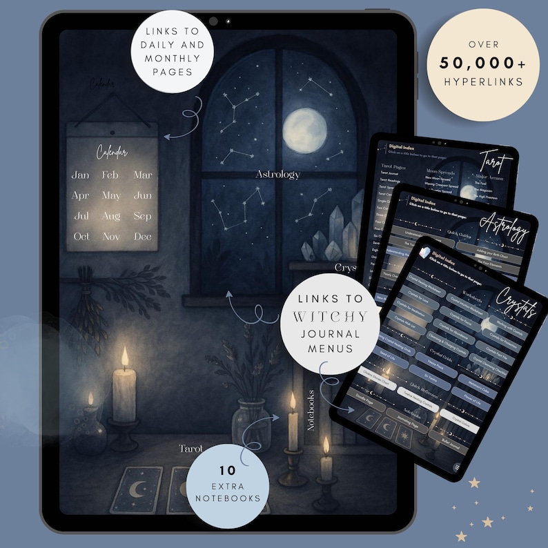 Interactive midnight witch home screen displayed on a tablet, showing clickable areas linking to daily pages, monthly calendar, tarot journal, astrology journal, crystal journal, and notebooks within a cozy night-themed desk scene.