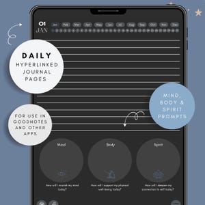 Daily hyperlinked digital journal page shown on an iPad, featuring lined writing space, month and date navigation tabs, and mind, body, and spirit prompts, designed for use in GoodNotes and other note-taking apps.