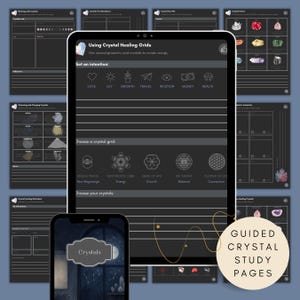 Guided crystal healing study pages with intention setting, crystal grid layouts, meditation prompts, and crystal reference charts for digital journaling.