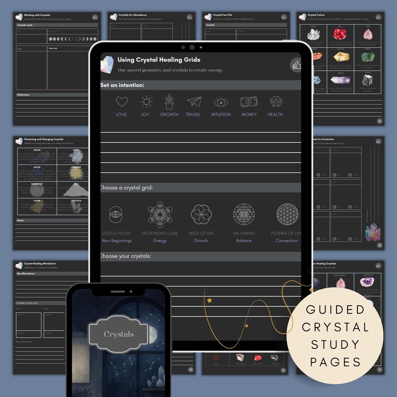 Guided crystal healing study pages with intention setting, crystal grid layouts, meditation prompts, and crystal reference charts for digital journaling.