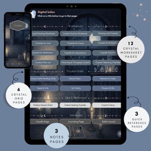 Crystal healing digital journal index featuring crystal worksheets, crystal grids, cleansing guides, and quick reference pages with clickable navigation.