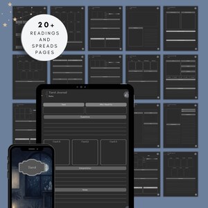Examples of tarot spread pages displayed together, including single-card pulls, three-card spreads, moon spreads, and interpretation sections designed for digital tarot journaling and study.