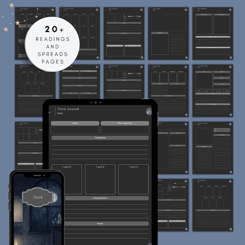 Examples of tarot spread pages displayed together, including single-card pulls, three-card spreads, moon spreads, and interpretation sections designed for digital tarot journaling and study.