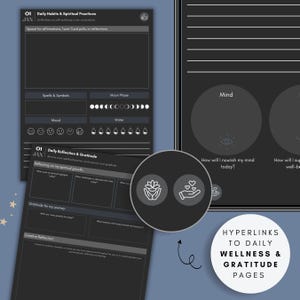 Daily wellness and gratitude pages inside a hyperlinked daily digital witch journal, featuring moon phase tracking, tarot reflection prompts, spiritual habit icons, and interactive navigation for GoodNotes and iPad journaling.