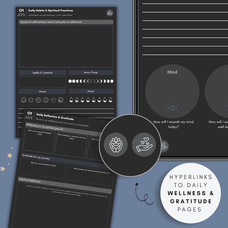 Daily wellness and gratitude pages inside a hyperlinked daily digital witch journal, featuring moon phase tracking, tarot reflection prompts, spiritual habit icons, and interactive navigation for GoodNotes and iPad journaling.