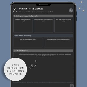 Midnight witch daily reflection and gratitude journal page with guided prompts for spiritual growth, challenges, lessons learned, gratitude journaling, and a large creative reflection area in a clean digital format.