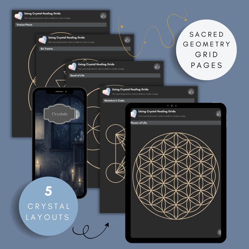 Sacred geometry crystal grid layouts including Flower of Life, Metatron’s Cube, and Sri Yantra pages for crystal healing and manifestation practices.