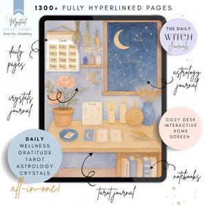 Puede incluir: Diario digital con un tema de escritorio acogedor. La pantalla muestra una ilustración de acuarela con elementos de astrología, tarot y cristales. Incluye páginas diarias, diario de astrología y cuadernos. El texto dice "Mystical Moon Magic Digital Journal."