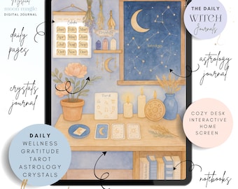 May include: Digital journal with a cozy desk theme. The screen displays a watercolor illustration with astrology, tarot, and crystal elements. Includes daily pages, astrology journal, and notebooks. The text reads "Mystical Moon Magic Digital Journal."