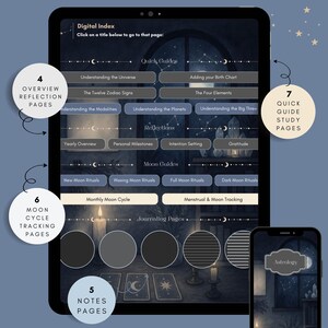 Interactive astrology digital journal index with hyperlinked quick guides, moon rituals, reflection pages, and journaling sections, designed for GoodNotes and iPad use.