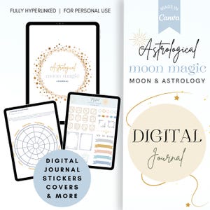 Può includere: Diario digitale con il testo "Astrological moon magic" e "Digital Journal" su sfondo bianco. L'immagine include adesivi per diari digitali, copertine e altro. La frase "Fully Hyperlinked | For Personal Use" è in alto.