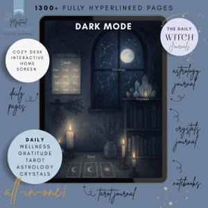 May include: A digital journal with a dark mode interface, featuring a cozy desk scene with tarot cards, crystals, and a window view of the night sky. The journal includes daily pages, wellness, and astrology sections.