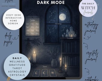 Può includere: Un diario digitale con un'interfaccia in modalità oscura, con una scena di scrivania accogliente con tarocchi, cristalli e una vista del cielo notturno. Il diario include pagine giornaliere, benessere e astrologia.