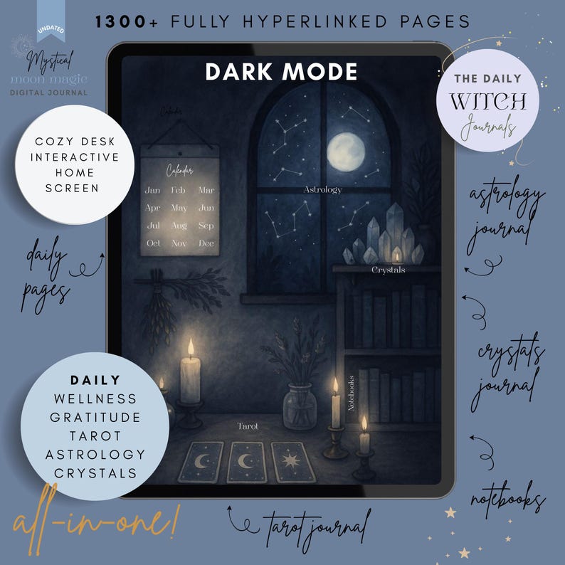 Midnight dark mode witch digital journal cover shown on an iPad, featuring a dark cozy desk home screen with candles, tarot cards, crystals, astrology constellations, and a clickable calendar, highlighting a fully interactive witchy journal.
