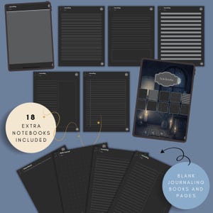 Blank digital journaling pages and notebook layouts including lined, dotted, and bullet journal pages for tarot, astrology, and spiritual journaling. Additional blank notebook pages and journaling inserts included in a digital witch journal for flexible note taking and personal reflection.