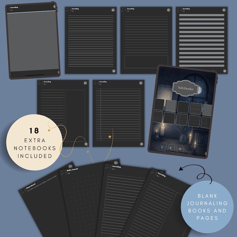 Blank digital journaling pages and notebook layouts including lined, dotted, and bullet journal pages for tarot, astrology, and spiritual journaling. Additional blank notebook pages and journaling inserts included in a digital witch journal for flexible note taking and personal reflection.