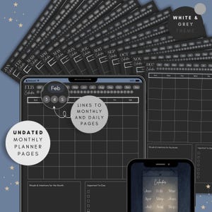 Undated monthly planner pages displayed on a tablet, showing a clean calendar grid with hyperlinks to daily pages, space for rituals and intentions, to-do lists, and a minimalist black and gray midnight theme.