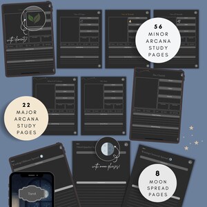Tarot study pages showing major and minor arcana layouts with sections for imagery, keywords, upright and reversed meanings, elemental associations, and personal reflections inside a midnight witch digital journal. Moon phase tarot spread pages displayed on a tablet, featuring lunar cycle tracking, card draw sections, interpretation prompts, and reflection space designed for intuitive journaling in a witchy digital planner.
