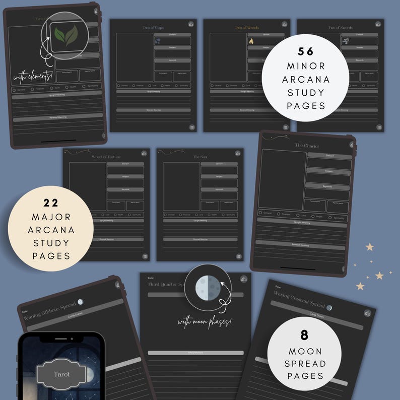Tarot study pages showing major and minor arcana layouts with sections for imagery, keywords, upright and reversed meanings, elemental associations, and personal reflections inside a midnight witch digital journal. Moon phase tarot spread pages displayed on a tablet, featuring lunar cycle tracking, card draw sections, interpretation prompts, and reflection space designed for intuitive journaling in a witchy digital planner.