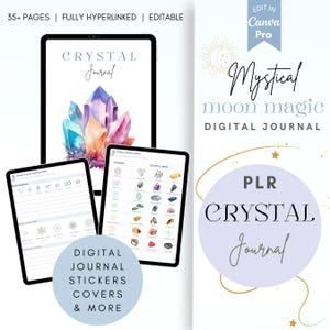 May include: Digital crystal journal with a watercolour crystal design on the cover. The image shows three tablets displaying journal pages, crystal charts, and the text "Mystical Moon Magic Digital Journal" and "PLR Crystal Journal."