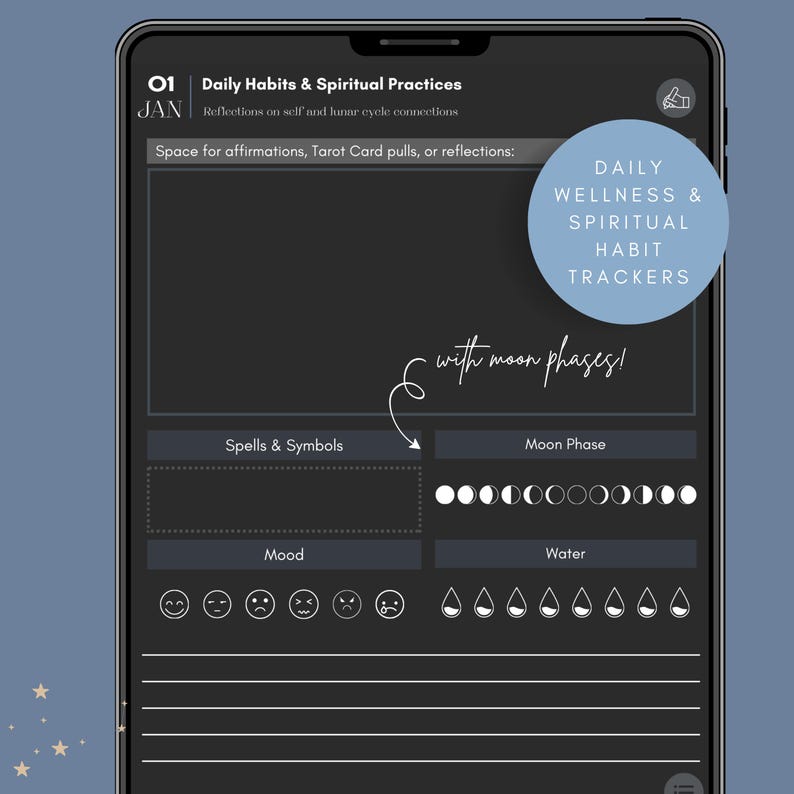 Daily habits and spiritual practices journal page featuring sections for affirmations, tarot card pulls, moon phase tracking, mood icons, water tracking, and reflections within a midnight witch digital planner layout.