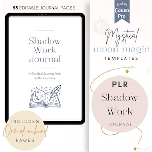 May include: A digital tablet displaying a Shadow Work Journal with 55 editable pages. The screen shows the title, a guided journey into self-discovery, and a line art illustration of an open book with a feather quill, stars, and moon icons.