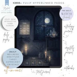 Könnte beinhalten: Digitales Journal mit mystischem Thema, das eine gemütliche Schreibtischeinrichtung mit Kalender, Tarotkarten und Kristallen zeigt. Das Journal enthält tägliche Abschnitte zu Wellness, Dankbarkeit, Tarot, Astrologie und Kristallen.