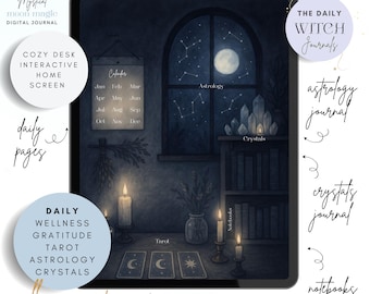 May include: Digital journal with a mystical theme, featuring a cozy desk setup with a calendar, tarot cards, and crystals. The journal includes daily wellness, gratitude, tarot, astrology, and crystal sections. The screen displays the text "1300+ Fully Hyperlinked Pages."