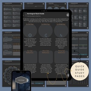 Astrological quick guide pages covering zodiac signs, planets, elements, and the Big Three, included in a digital astrology and tarot journal for beginners and study.
