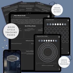 Moon rituals guide pages with new moon and full moon prompts, monthly moon cycle tracking, and menstrual cycle alignment in a digital moon journal.