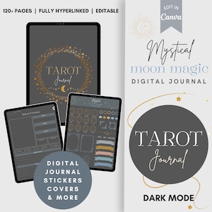 May include: Digital tarot journal with a dark mode design. The journal features a gold star and moon design, with the words "Tarot Journal" in elegant script. The image also includes digital journal stickers, covers, and more.