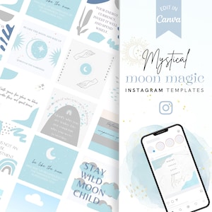 100 modèles Canva de publication Instagram + 100 légendes en prime | Kit médias sociaux céleste magique de la lune mystique | Design esthétique bohème bleu